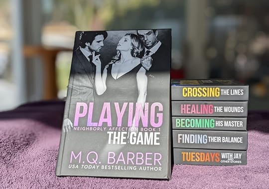 The Neighborly Affection series is shown in hardcover editions. Book 1, Playing the Game, is facing front and tipped backward to lean against the other books in the series, which lie flat with the titles on their spines visible. Minding Their Manners is missing because it hasn't arrived yet.