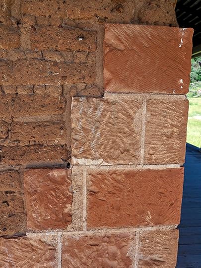 Closeup of chisel marks on hand-cut stones that were shaped into bricks to build Fort Davis National Historic Site.