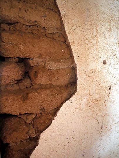 Closeup of handmade adobe bricks covered with crumbling plaster from the hospital at Fort Davis.