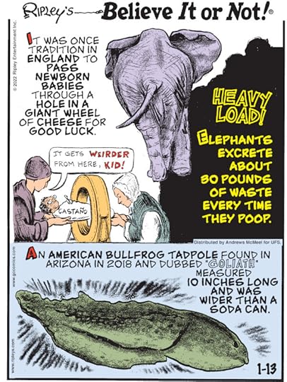 1. It was once tradition in England to pass newborn babies through a hole in a giant wheel of cheese for good luck. 2. Heavy Load! Elephants excrete about 30 pounds of waste every time they poop. 3. An American bullfrog tadpole found in Arizona in 2018 and dubbed 