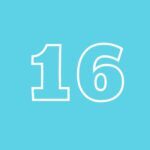 teal square with the outline of a number 16 in the center.