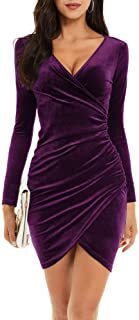 GUBERRY Womens Wrap V Neck Long Sleeve Velvet Bodycon Ruched Cocktail Party Dress