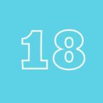 teal square with the outline of a white number 18 in the center.