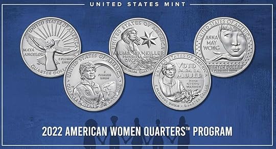 Image of five silver quarters on a blue background