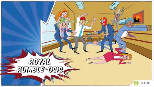 Cartoon team turning a meeting room into a wrestling ring
