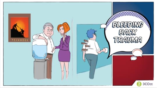 Cartoon of people gossiping at a water cooler and a person walking away with knives in their back