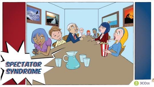 Cartoon team meeting where two people are talking and others are looking at their phones or eating popcorn