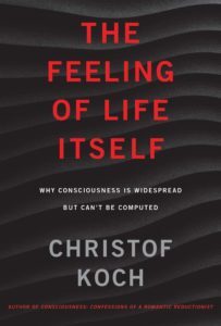Book cover for The Feeling of Life Itself by Christof Koch. The cover is an abstract illustration of gray waves with the title displayed in red text.