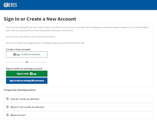 A screenshot of the IRS account login page, including buttons prompting tax filers to create an ID.me account.