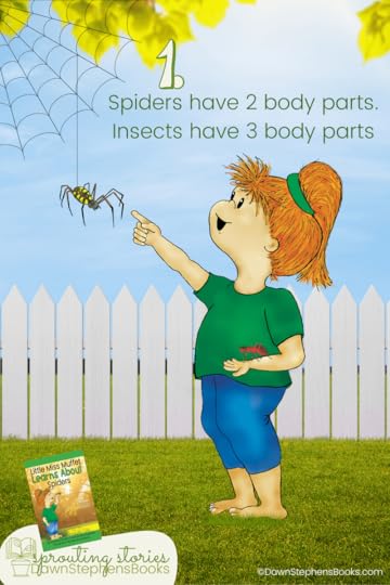 Dawn Stephens Books tells about little miss muffet. She learns that spiders have 2 body parts and insects have 3
