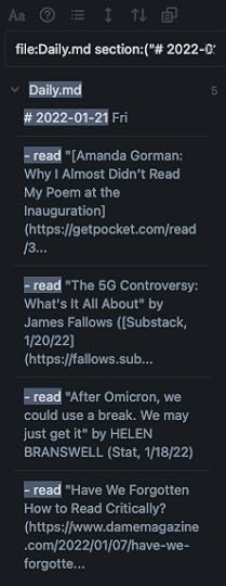 Search results showing the 4 things I read on January 21