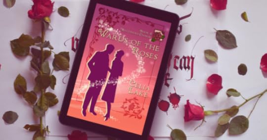 Cover of Wards of the Roses displayed on tablet resting on illuminated page (a few letters visible in dark red ink) with scattered roses around it.