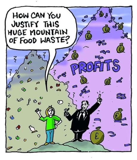 Cartoon about food waste and large profits for supermarkets
