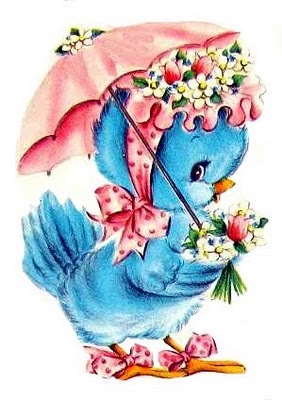 Vintage cartoon bluebird holding a pink parasol and a bouquet of flowers