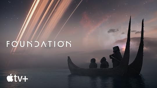 Foundation Cover Image: Boat on an alien sea with an image of rings in the sky.