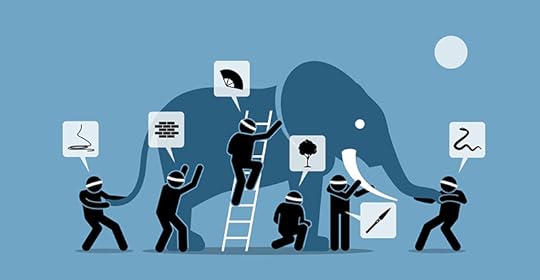 An illustration of six blindfolded men feeling different parts of an elephant and each imagining the elephant is something else, such as a rope, a wall, a fan, a tree trunk, a spear, or a snake. Knowing how childhood beliefs are formed and why they matter helps parents correct any mistaken ideas a child has formed about themselves through inaccurate meaning-making.