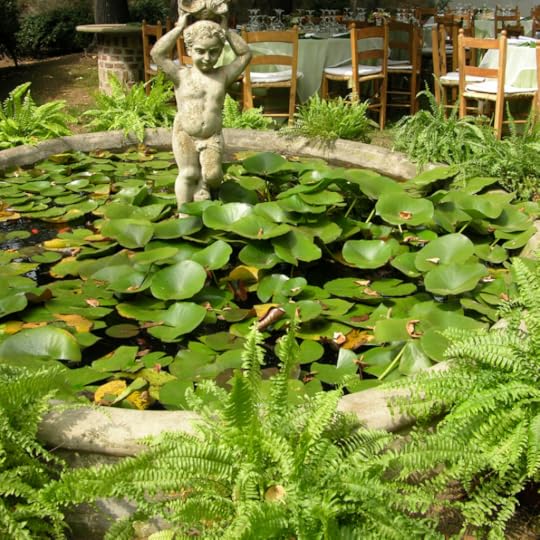 Pond with statue and lily pads