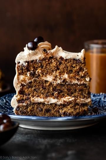 espresso chocolate chip layer cake on blue plate