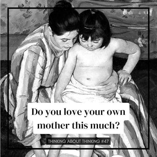 A black and white painting of a mother bathing her child's feet with the text 