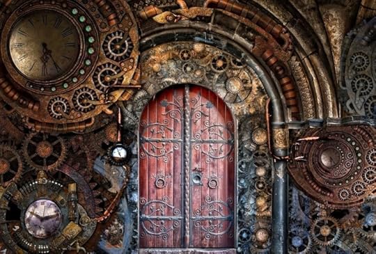 Redwood door surrounded with clocks and cogs