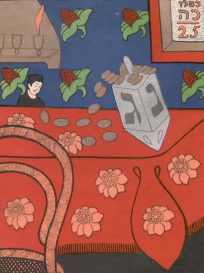Colorful red and blue illustrations of a gray dreidel on a red tablecloth with a blue background