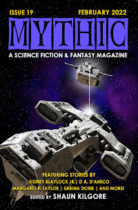 Mythic Magazine Cover: One spaceship coming toward the reader being fired on another spaceship from behind.
