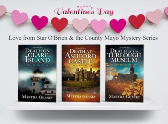 Image of a string of hearts with book covers from the Star O'Brien County Mayo Mystery Series