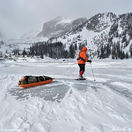 igloo ed pulling pulk across lake haiyaha colorado