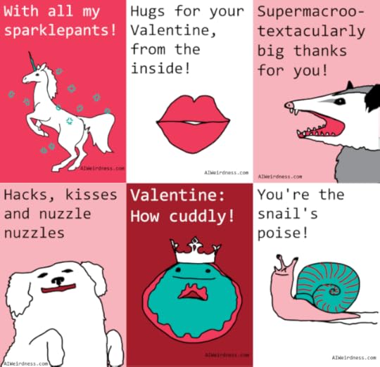 With all my sparklepants! - Image of a sparkly unicornHacks, kisses and nuzzle nuzzles - Image of a happy dogHugs for your Valentine, from the inside! - Image of a pink heart-shaped mouthYou're the snail's poise! - Image of a snailValentine: How cuddly! - Image of a doughnut wearing a crownSupermacrootextacularly big thanks for you! - Image of a tenacious opossum