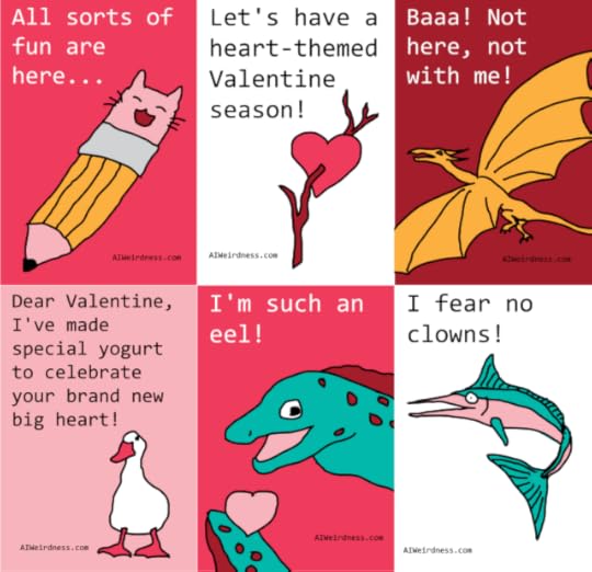 Baaa! Not here, not with me! - Image of a yellow dragonAll sorts of fun are here... - Image of a pencil catDear Valentine, I've made special yogurt to celebrate your brand new big heart! - Image of a duckLet's have a heart-themed Valentine season! - Image of a heart on a stickI'm such an eel! - Image of a giant eel with a heartI fear no clowns! - Image of a marlin