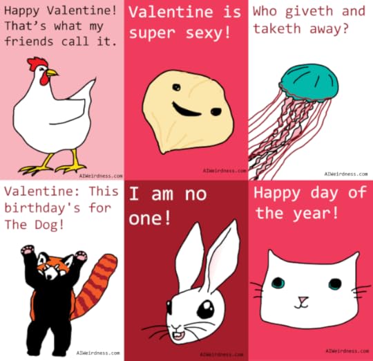 Happy Valentine! That's what my friends call it. - Image of a fat henValentine is super sexy! - Image of a chickpeaValentine: This birthday's for The Dog! - Image of a red pandaHappy day of the year! - Image of a kittenI am no one! - Image of a happy bunnyWho giveth and taketh away? - Image of a jellyfish
