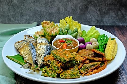 Fried mackerel with shrimp paste sauce and vegetable set. 