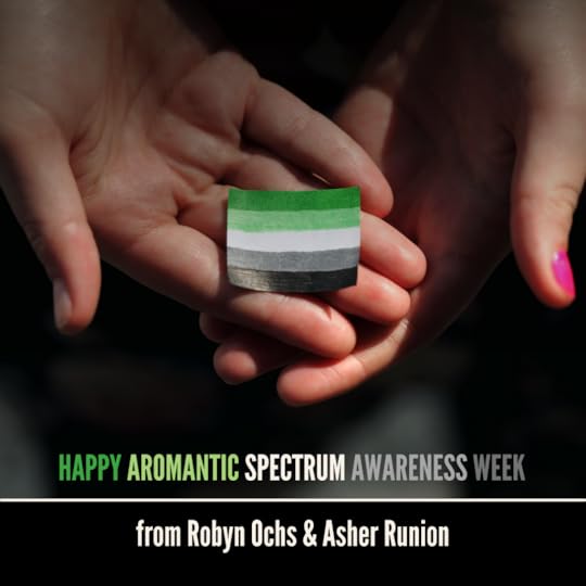 Photo of a pair of hands holding a tiny aromantic pride flag. Text underneath reads 