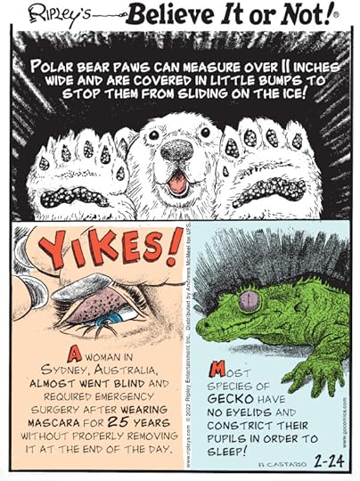 1. Polar bear paws can measure over 11 inches wide and are covered in little bumps to stop them from sliding on the ice! 2. Yikes! A woman in Sydney, Australia, almost went blind and required emergency surgery after wearing mascara for 25 years without properly removing it at the end of the day. 3. Most species of gecko have no eyelids and constrict their pupils in order to sleep!
