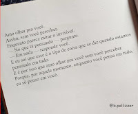 Amo olhar pra você. Assim, sem você perceber. Enquanto parece mirar o invisível. — No que tá pensando — pergunto. — Em nada — responde você. E eu sei que esse é o tipo de coisa que se diz quando estamos pensando em tudo. E é por isso que amo olhar pra você sem você perceber. Porque, por aquele momento, enquanto você pensa em tudo, eu só penso em você.