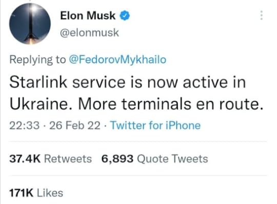 Elon Musk's tweet reads: Starlink service is now active in Ukraine. More terminals en route.
