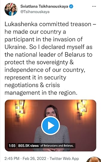 Tweet from Sviatlana Tsikhanouskaya reads: Lukashenka committed treason - he made our country a participant in the invasion of Ukraine. So I declared myself as the national leader of Belarus to protect the sovereignty & independence of our country, represent it in security negotiations & crisis management in the region