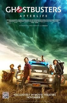Ghostbusters Afterlife Official Movie Poster. Five characters standing around the Ecto-1 car as a greenish 