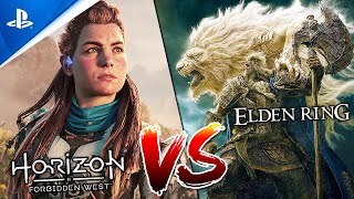 A woman with red hair in braids on the left side and a man in armor with a large halberd and a lion-like monster behind him on the right. Words in picture = Horizon Forbidden West vs Elden Ring