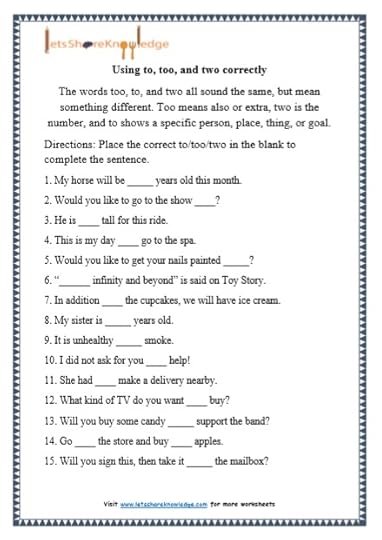grade 1 grammar using to too and two printable
