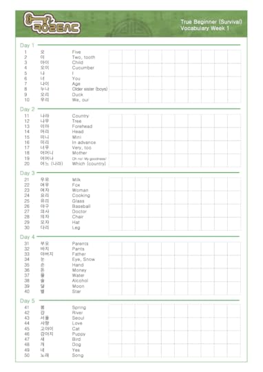 full beginner class vocabulary list key to korean