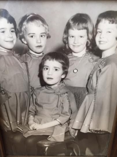 I suspect this photo was taken a year or two after the famous Irish-American Club party. I am seated. My sister SuEllen is the fair-haired girl second from left.