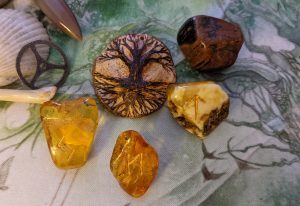 Elder Futhark runes Tiwaz, Mannaz, and Jera in baltic amber, on a forest background with a pyrographed tree medallion and petrified wood.