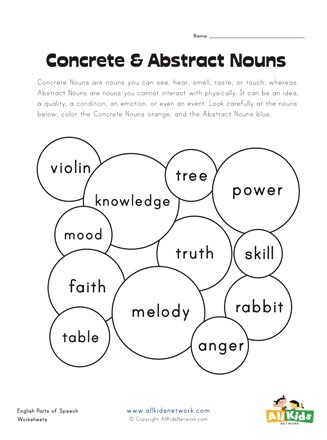 concrete and abstract nouns worksheet 1 all kids network