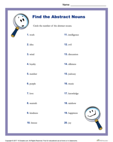 find the abstract nouns worksheet for 3rd 4th grade lesson planet
