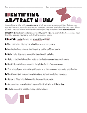 identifying abstract nouns worksheet education com