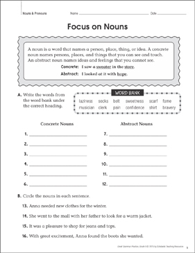 focus on nouns grammar practice page printable skills sheets