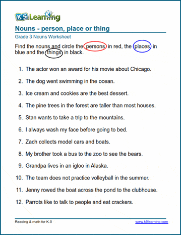 nouns as a person place or thing worksheets k5 learning