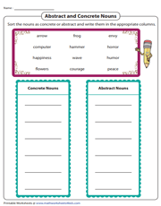 abstract and concrete nouns worksheets