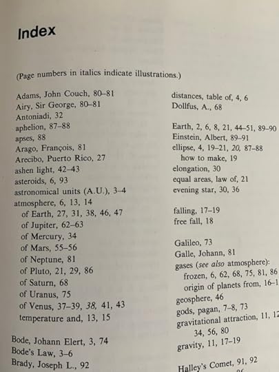 First page of the index of the book The Nine Planets by Franklyn M. Branley, the first book I ever checked out of a library.